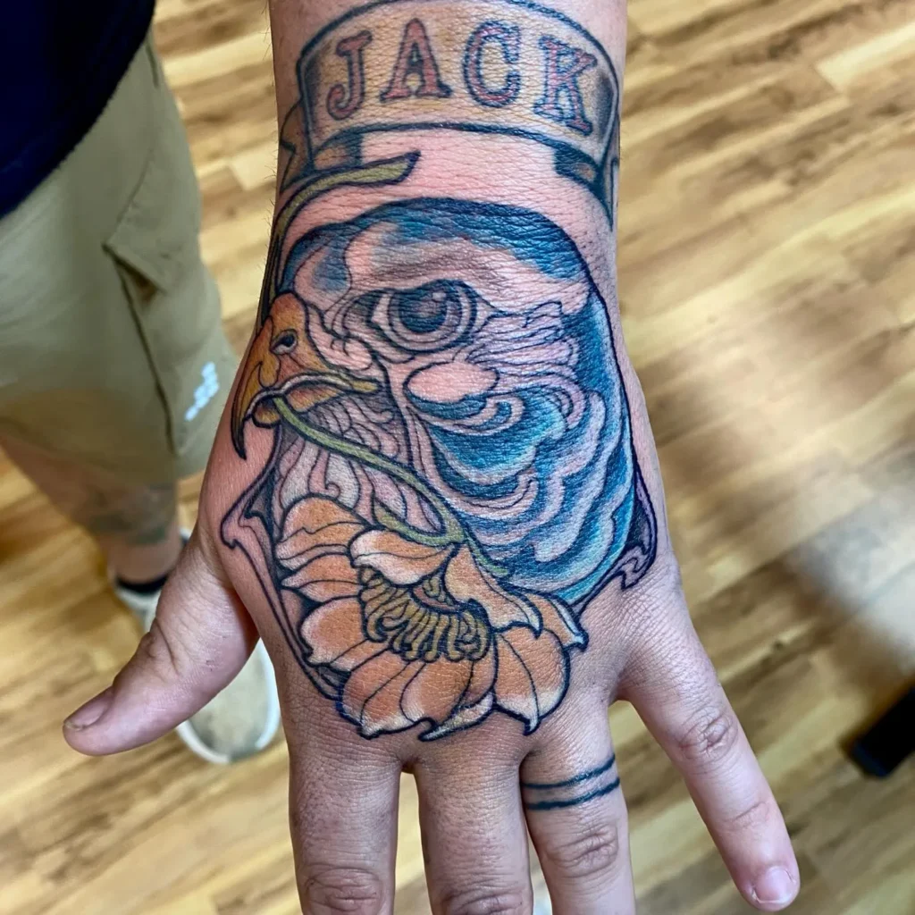 Neo Traditional Falcon Hand Tattoo