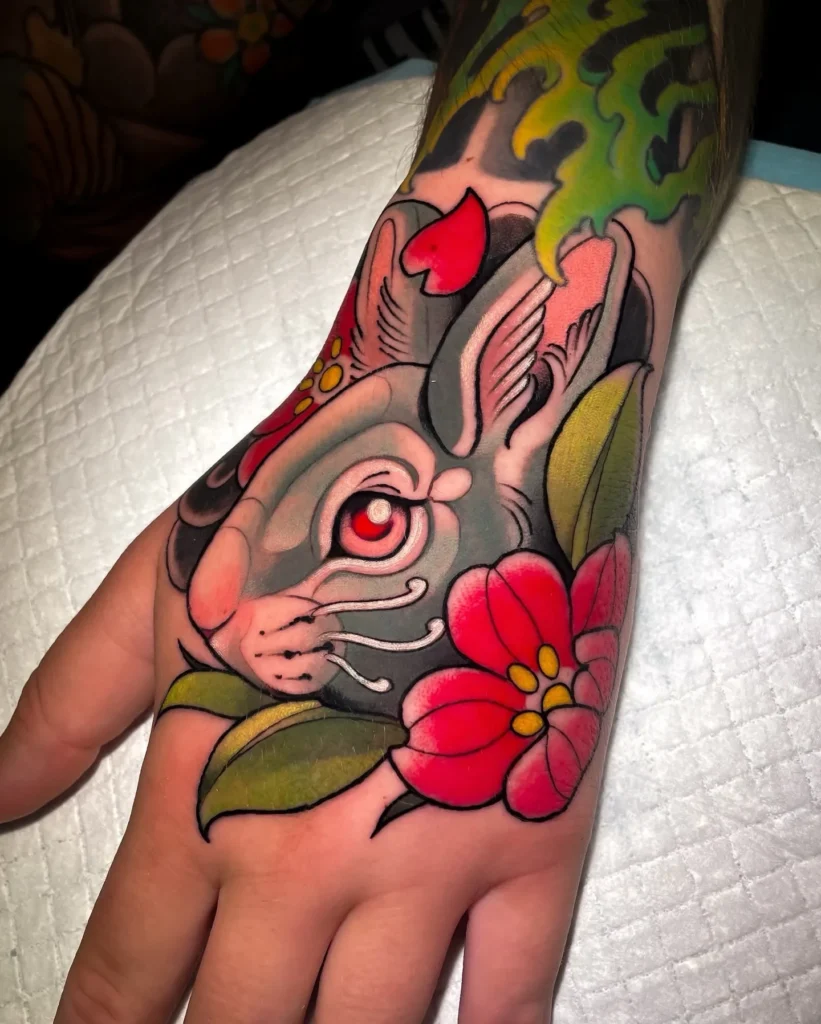 Neo Traditional Floral Bunny Tattoo