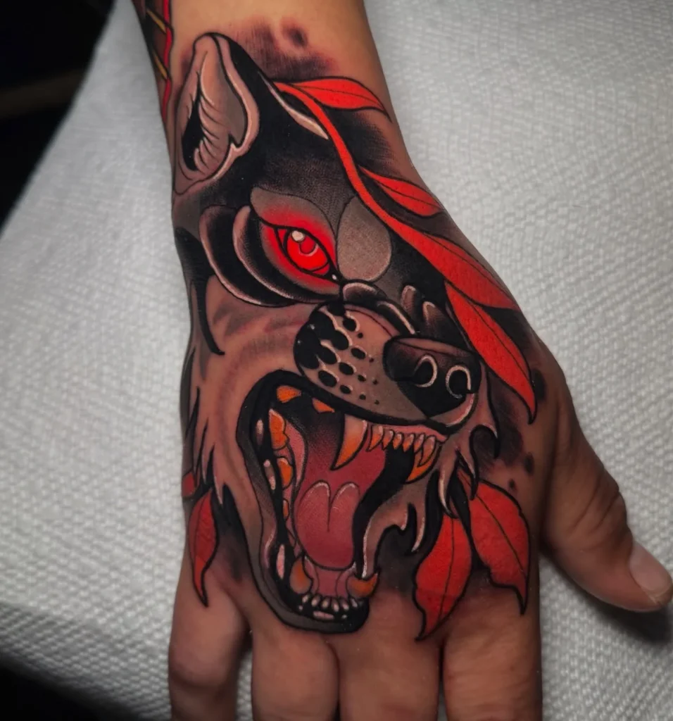 Neo Traditional Wolf Hand Tattoo