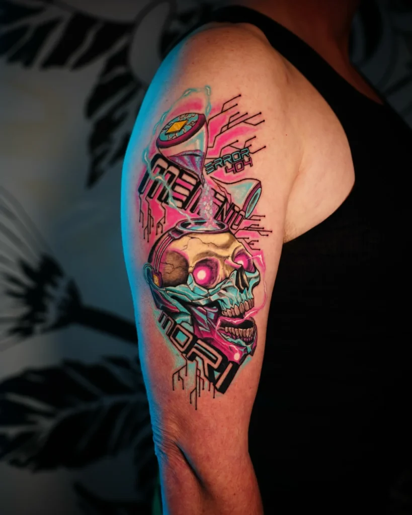Neon Cyberpunk Hourglass Skull