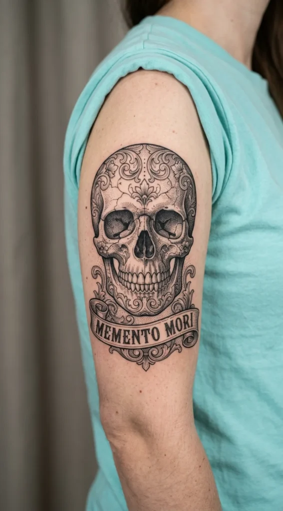 Ornate Engraving Style Skull Tattoo