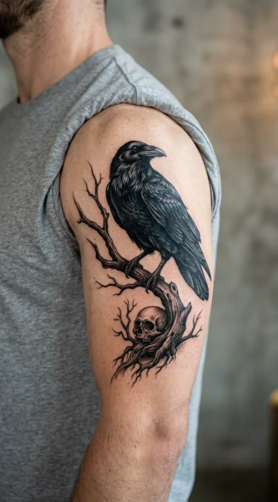 Raven Perched on a Bare Branch Tattoo