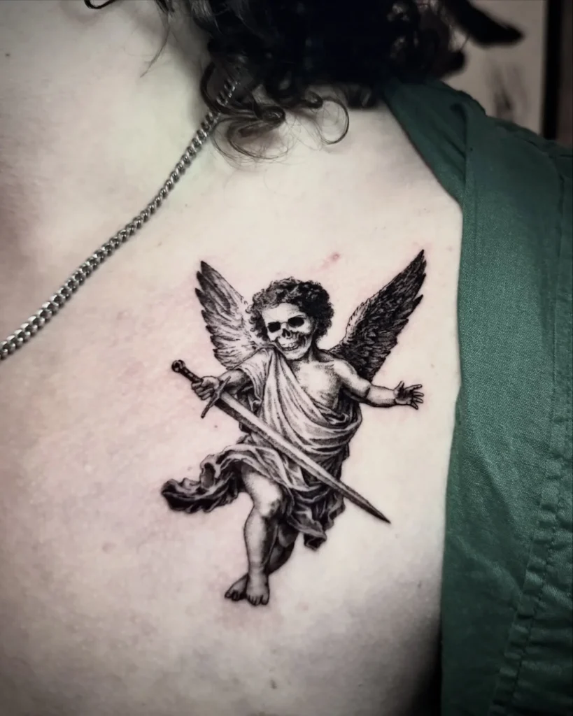 Skeletal Cherub Engraving Tattoo