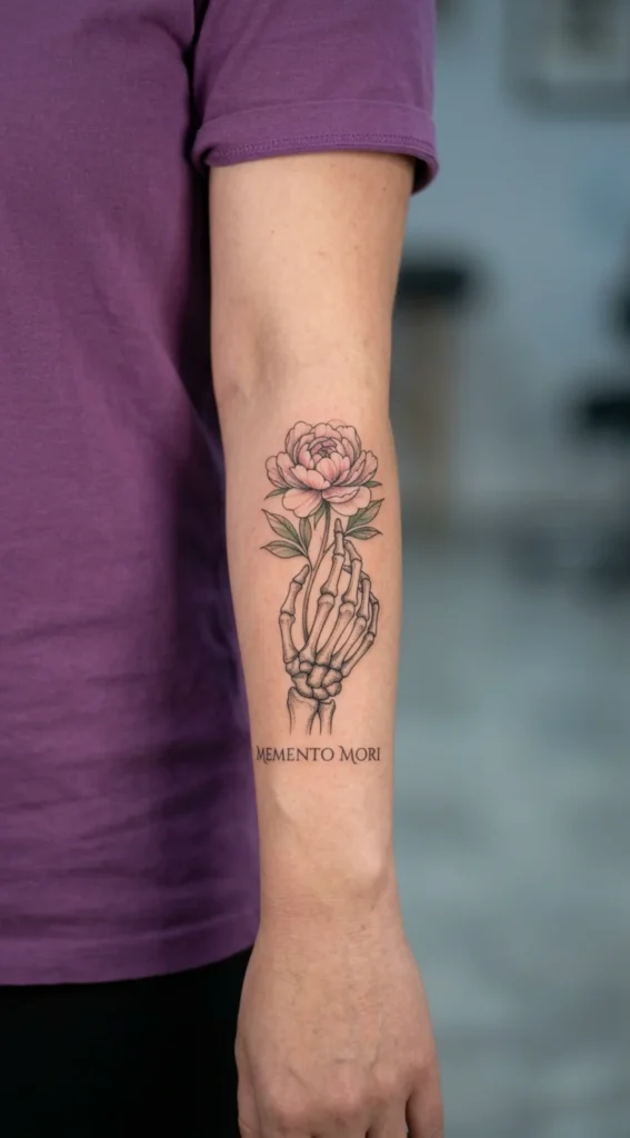 keleton Hand Holding a Flower Tattoo