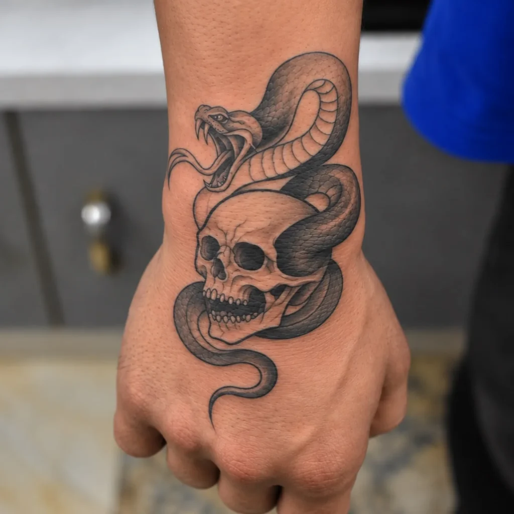 Skull and Serpent Hand Tattoo