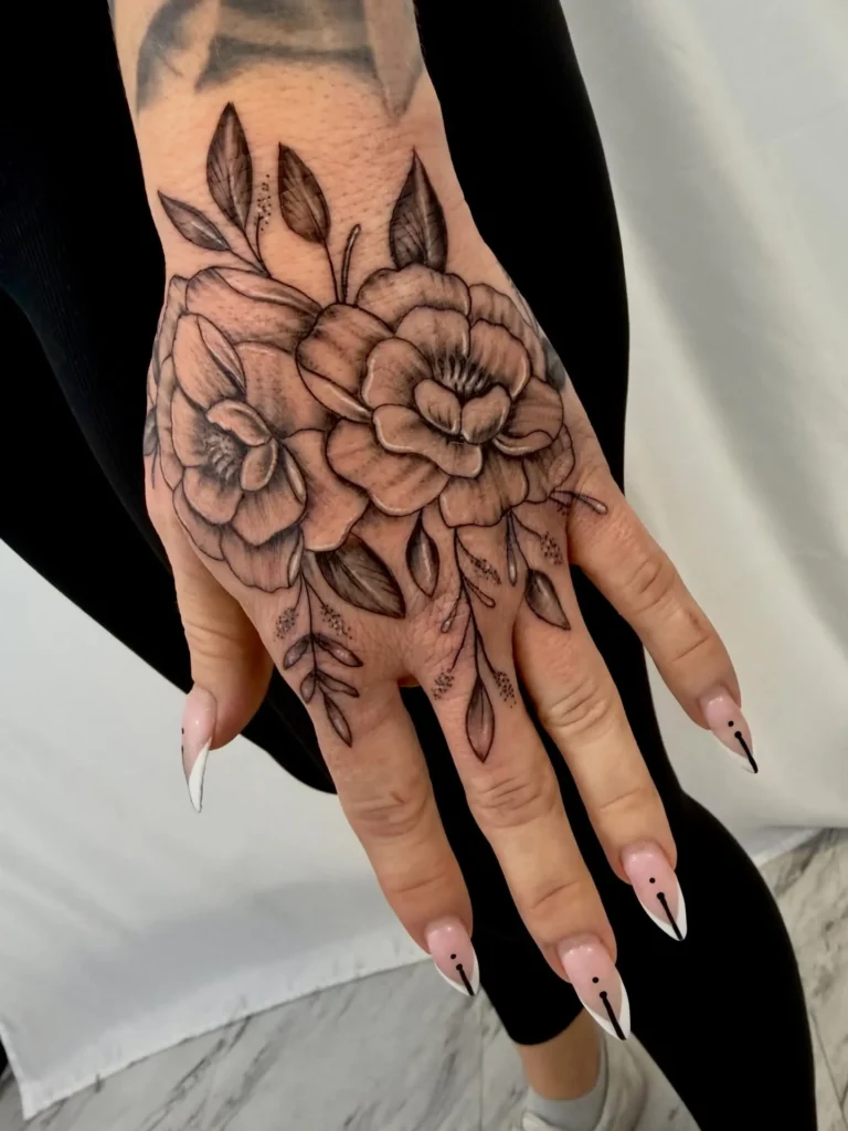 Soft Shaded Peony Hand Tattoo