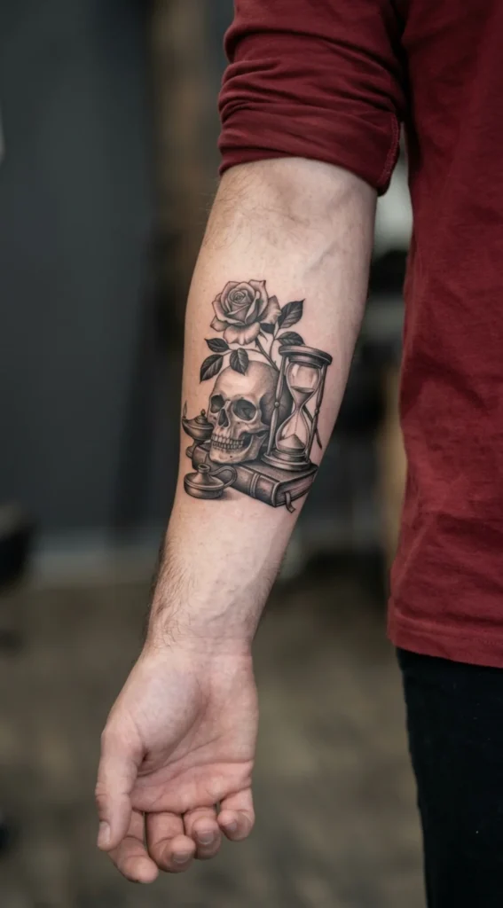 Vanitas Still Life Skull and Hourglass Tattoo