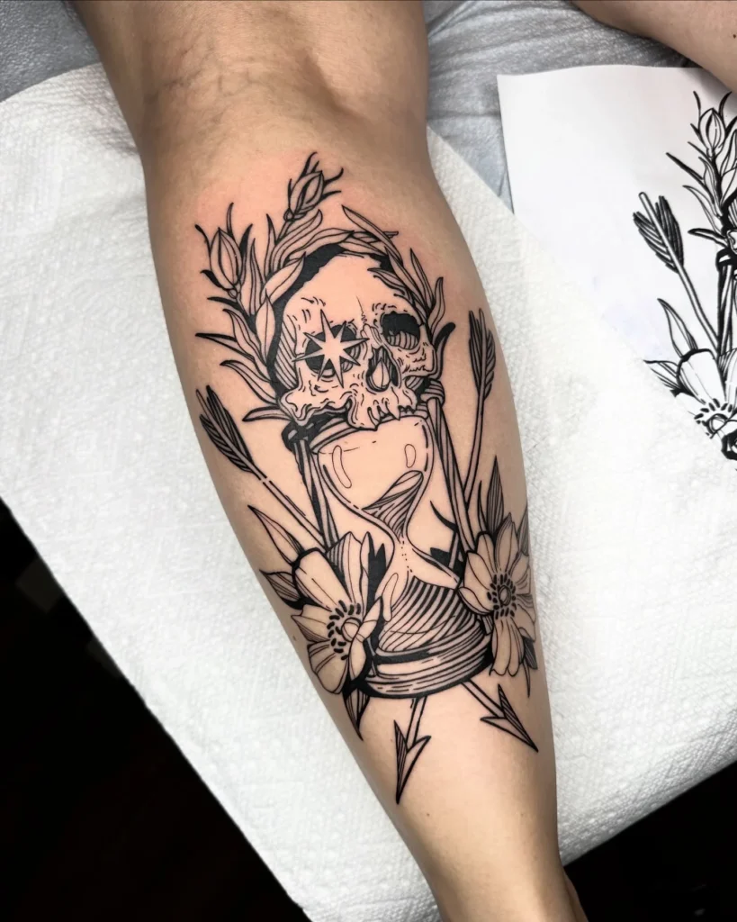 Woodcut Hourglass and Skull Tattoo